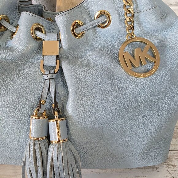 Michael Kors Camden Pebbled Leather Drawstring Bag Light Blue Tasseled Classic - Picture 8 of 12